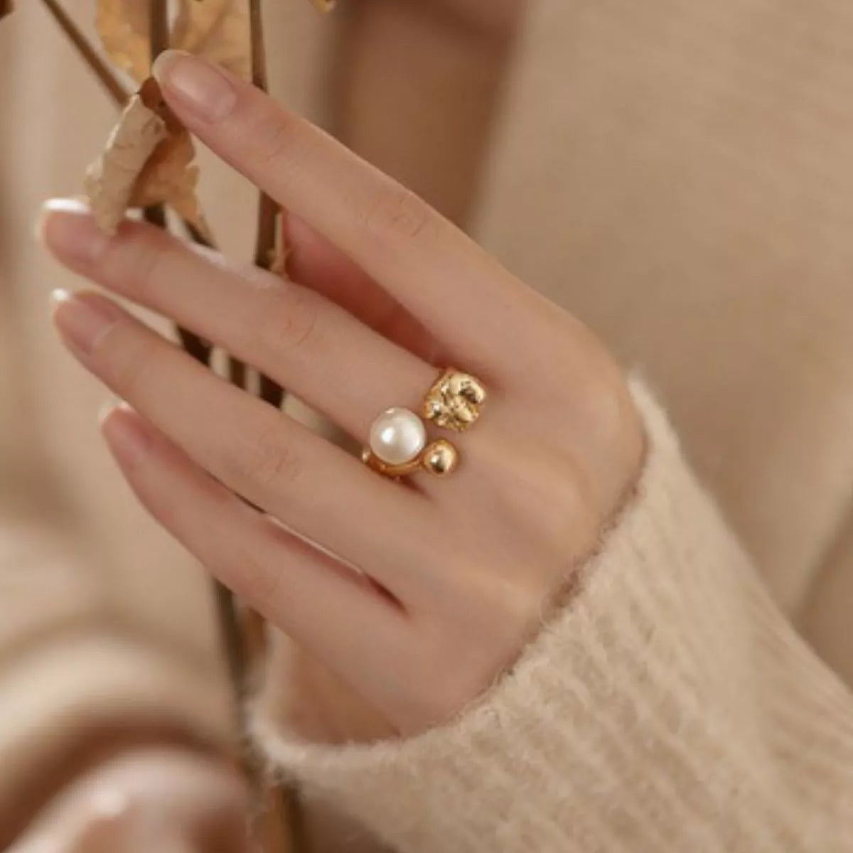 18K gold plated pearl open ring front view