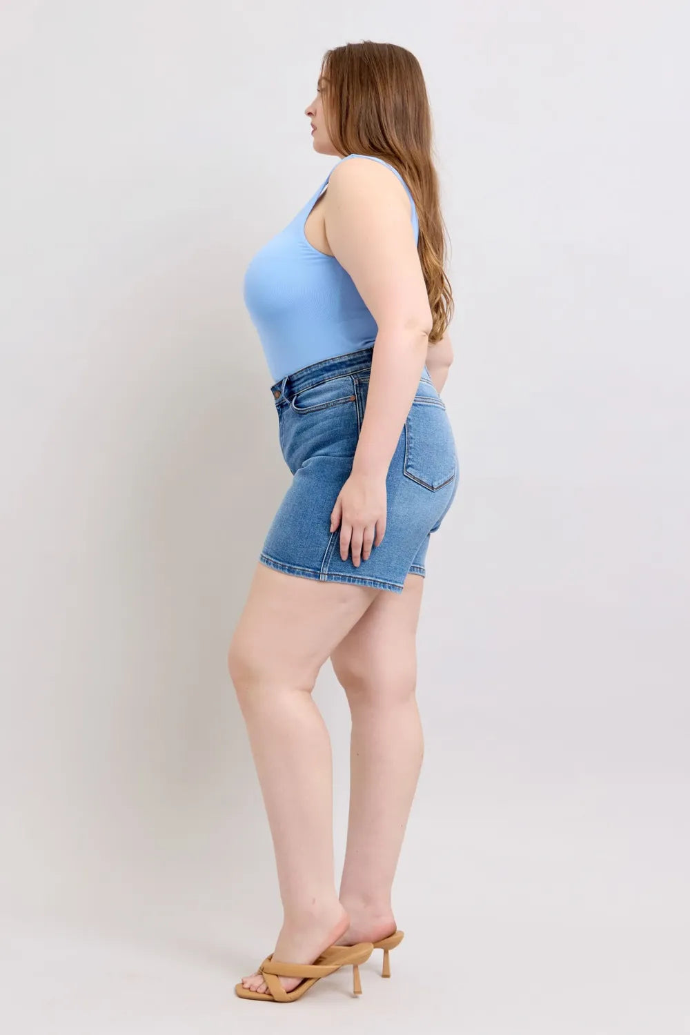 Back view of the denim shorts showing the pockets