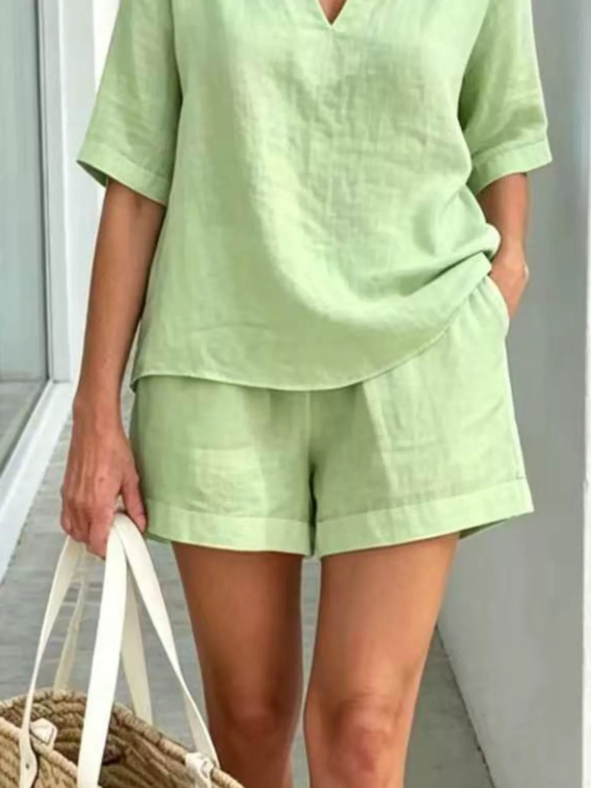 Full styling view of the womens two piece summer set