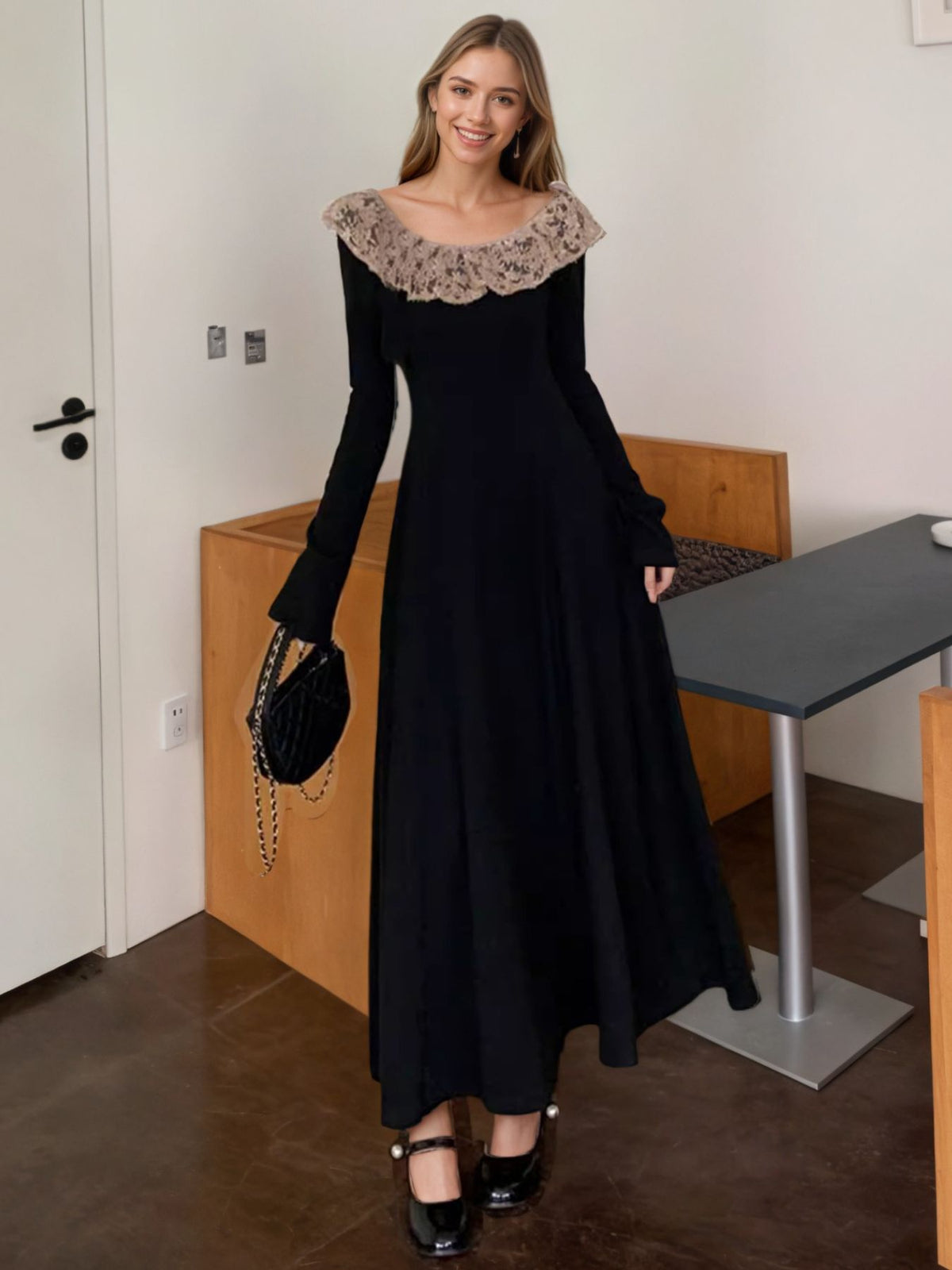 lace collar long sleeve dress fabric and detail close up