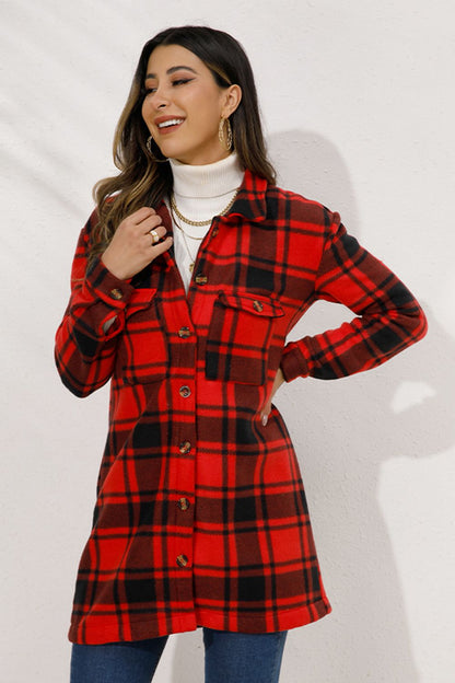 Shiny Plaid Collared Longline Coat - Fashorio