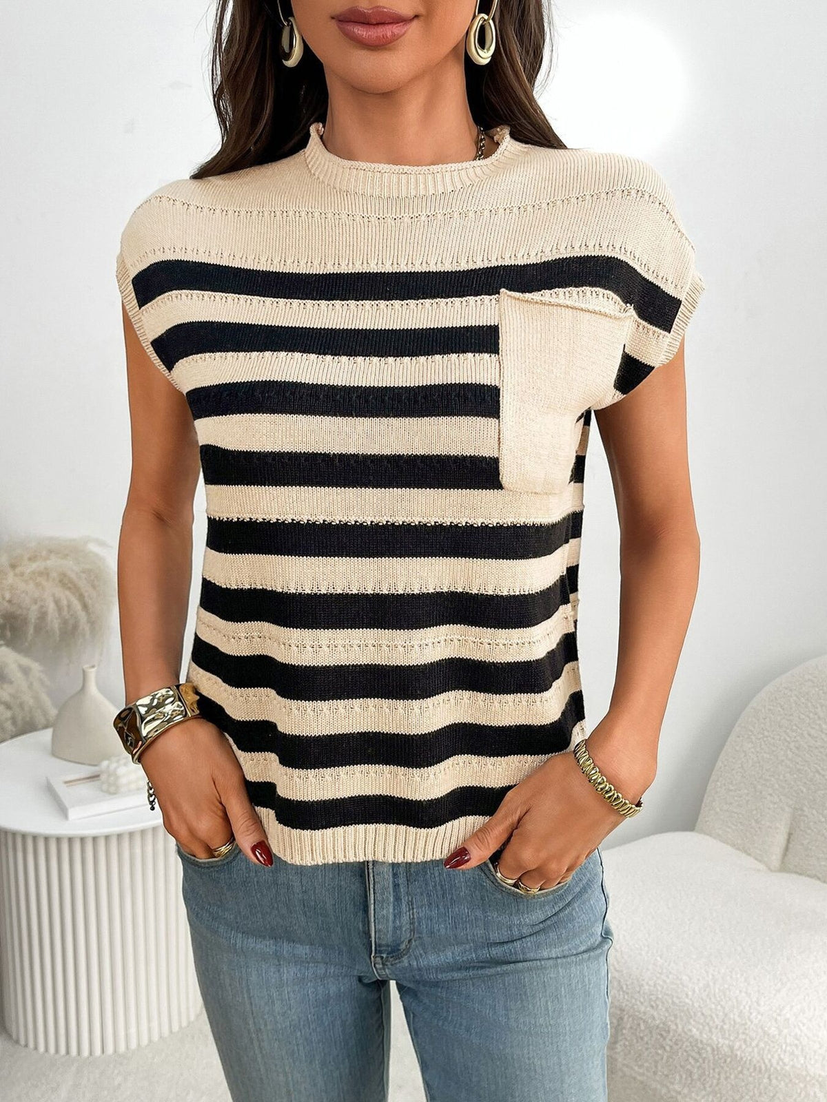 Striped knit sweater cap sleeve detail