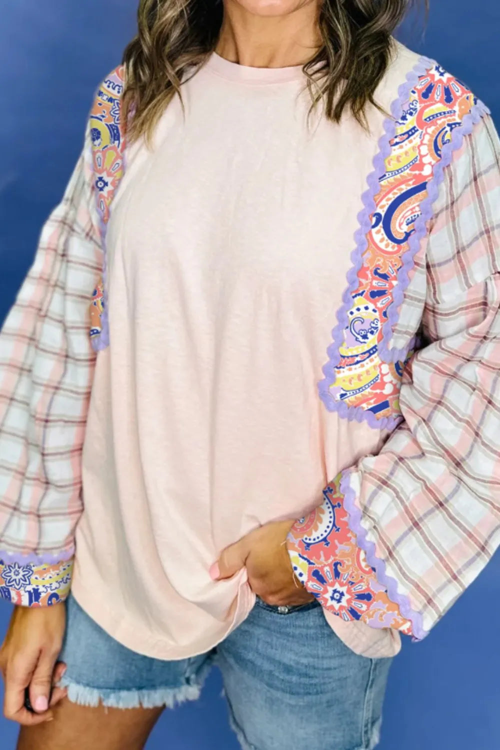 Paisley Print Plaid Long Sleeve Oversized Top - Fashorio