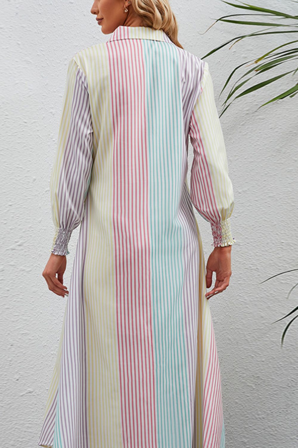 Rainbow stripe button up shirt dress side view