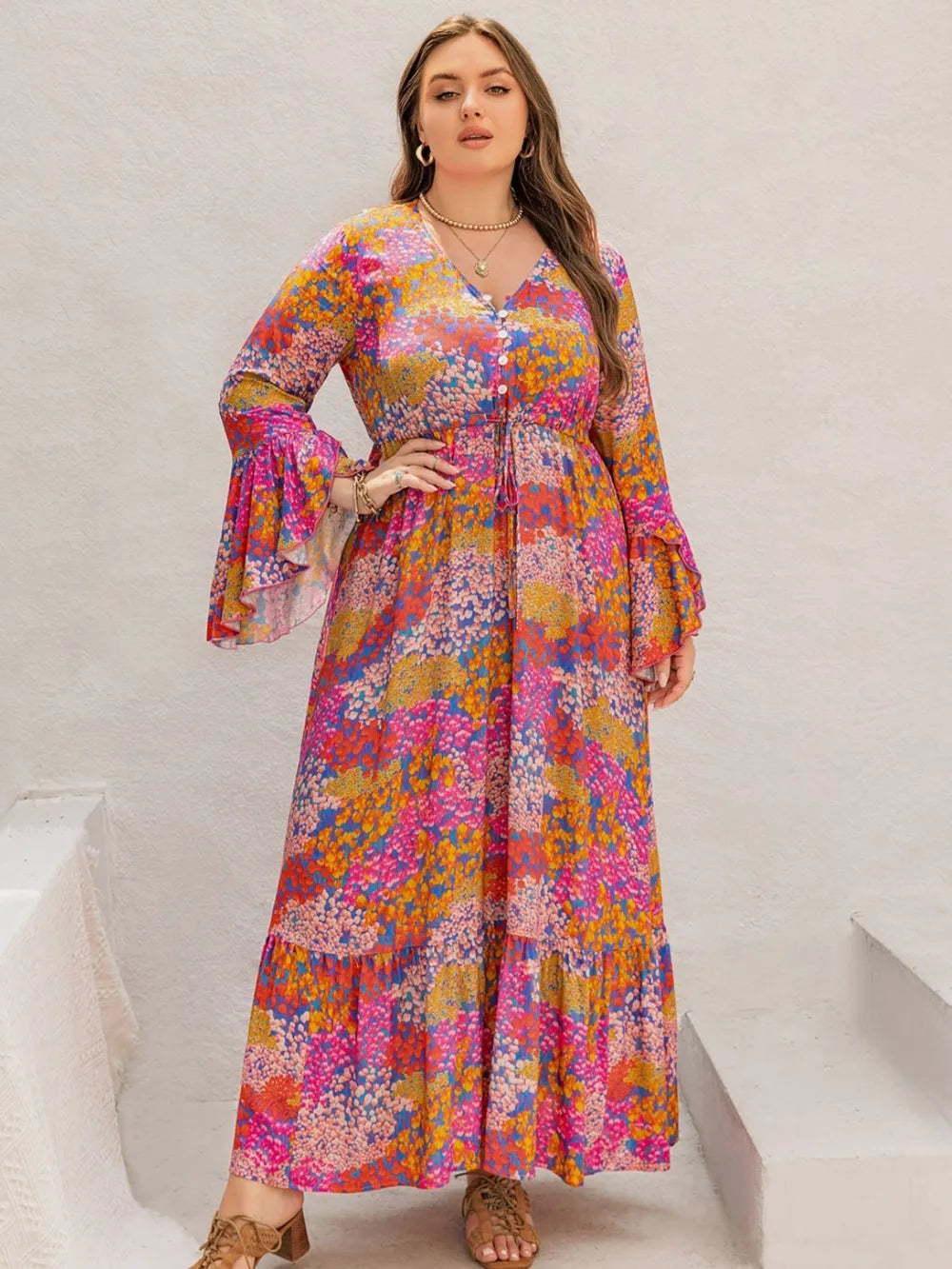 Printed V neck long sleeve maxi dress full length view