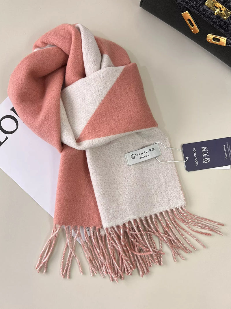 Fringe color block wool scarf draped around the neck