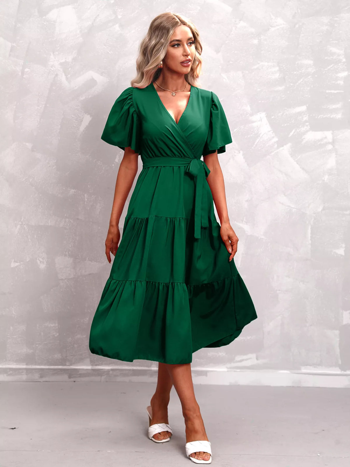 Flutter sleeve tiered midi dress close up view