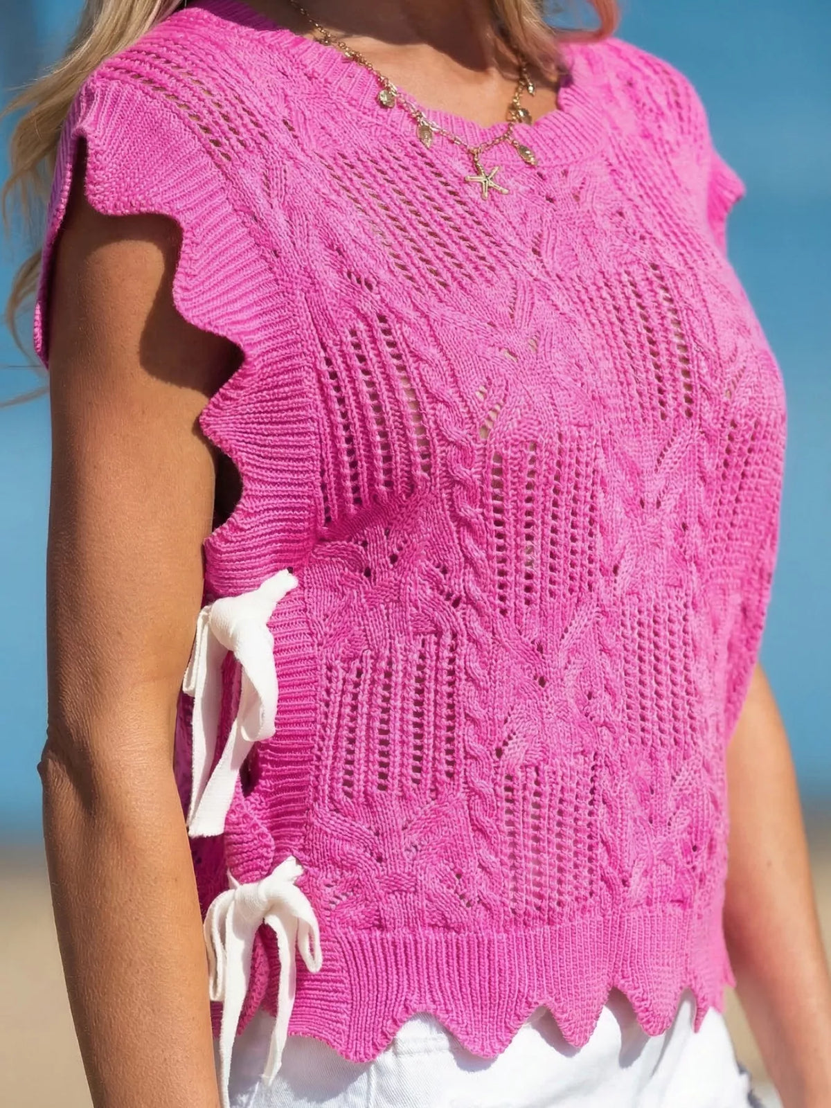 Openwork texture sweater vest close up