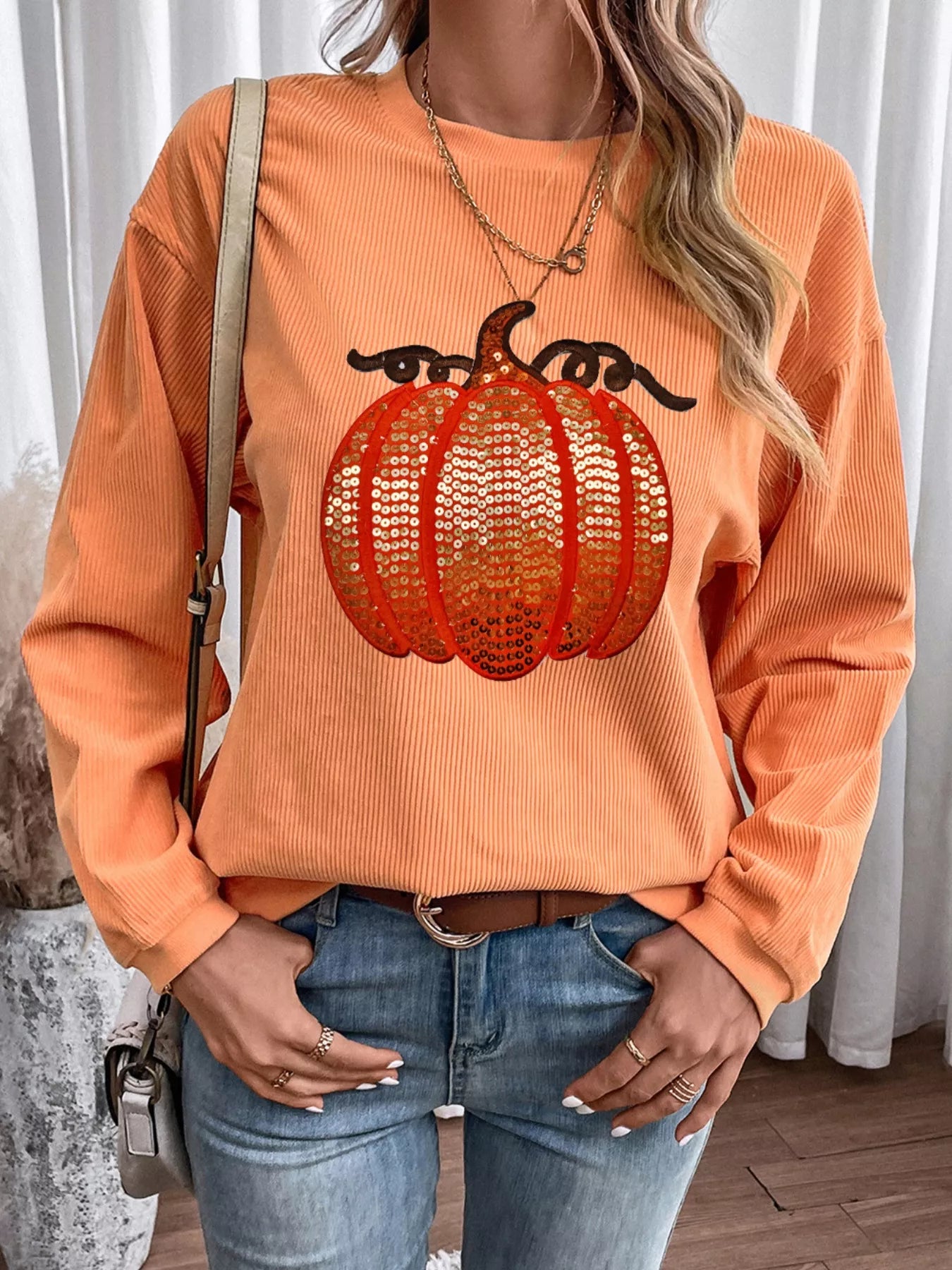 Halloween Sequined Pumpkin Ribbed Round Neck Sweatshirt - Fashorio