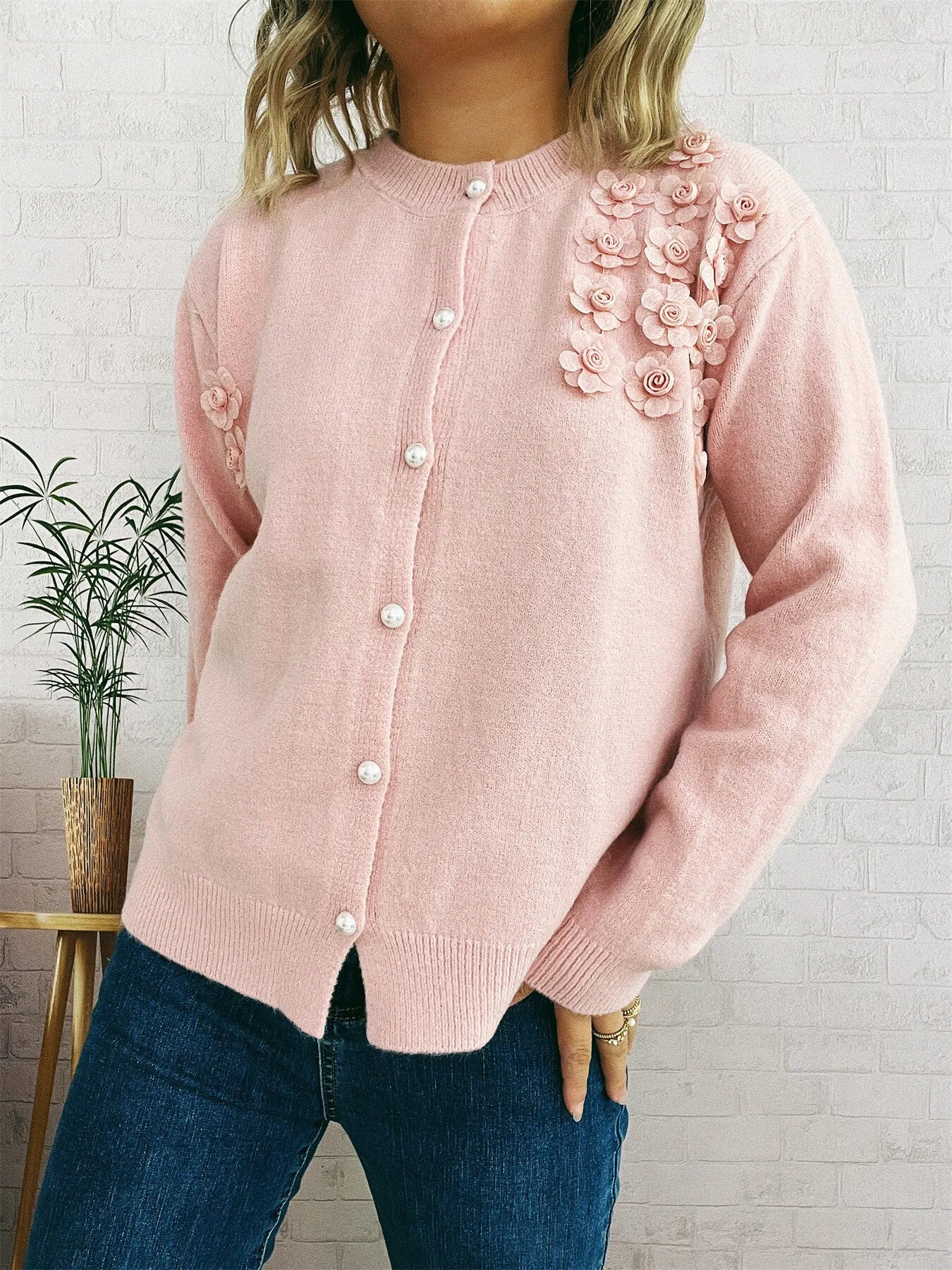 Flower Button Up Long Sleeve Cardigan - Fashorio