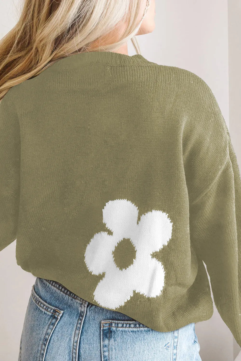 Round Neck Floral Pattern Color Contrast Design Long Sleeve Sweater - Fashorio
