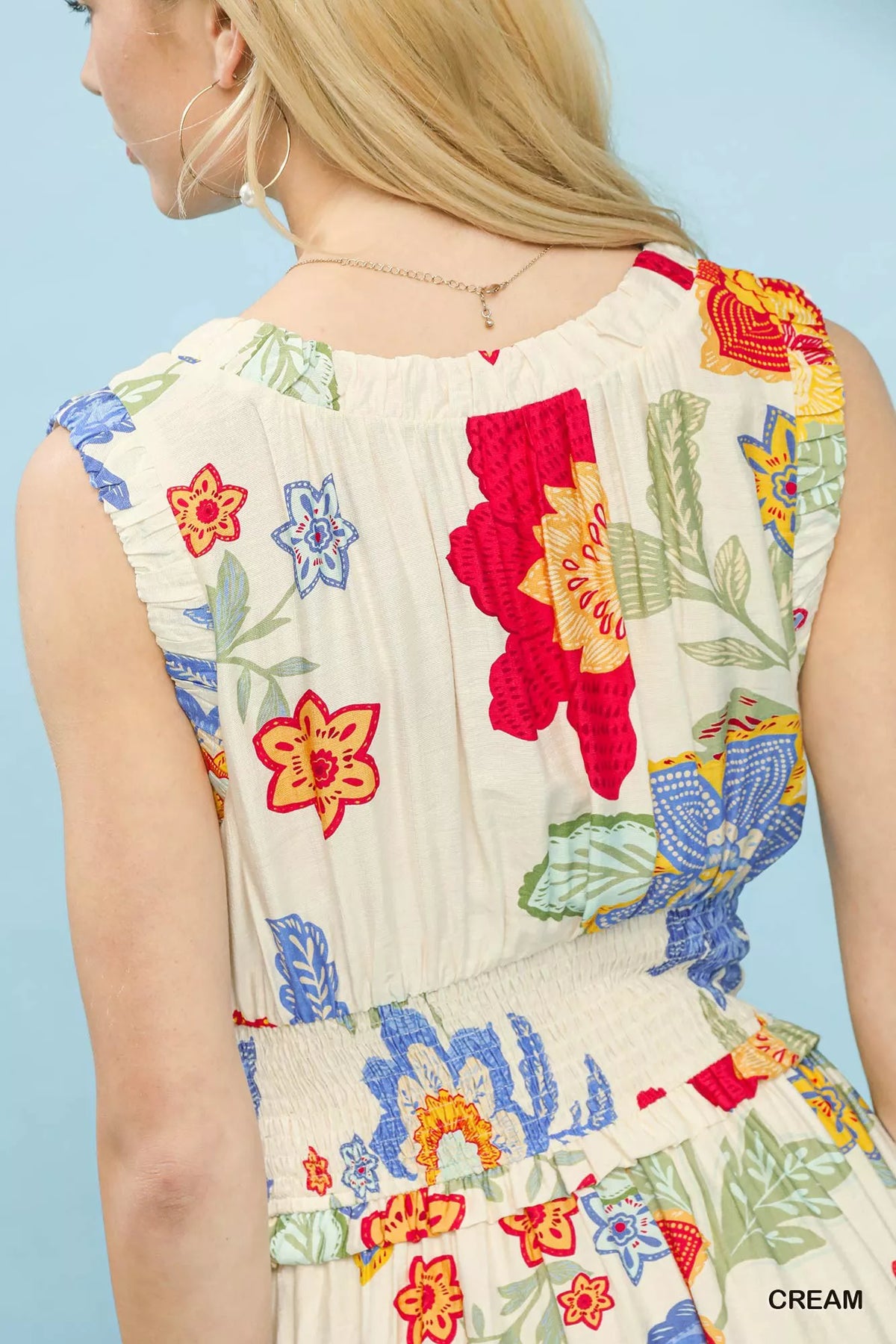 Cream floral smocked midi dress full length view
