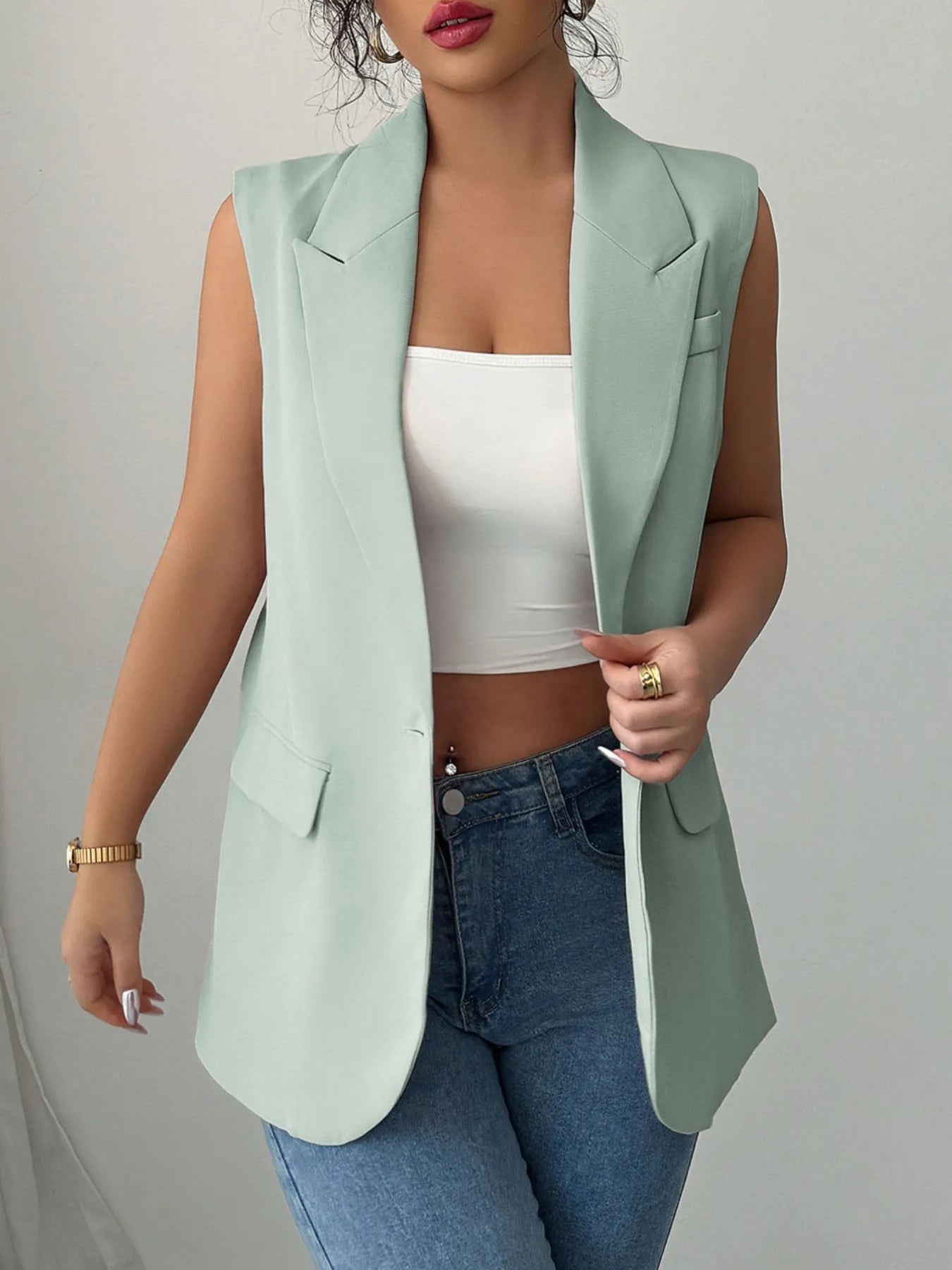 One Button Sleeveless Blazer Sage - Fashorio