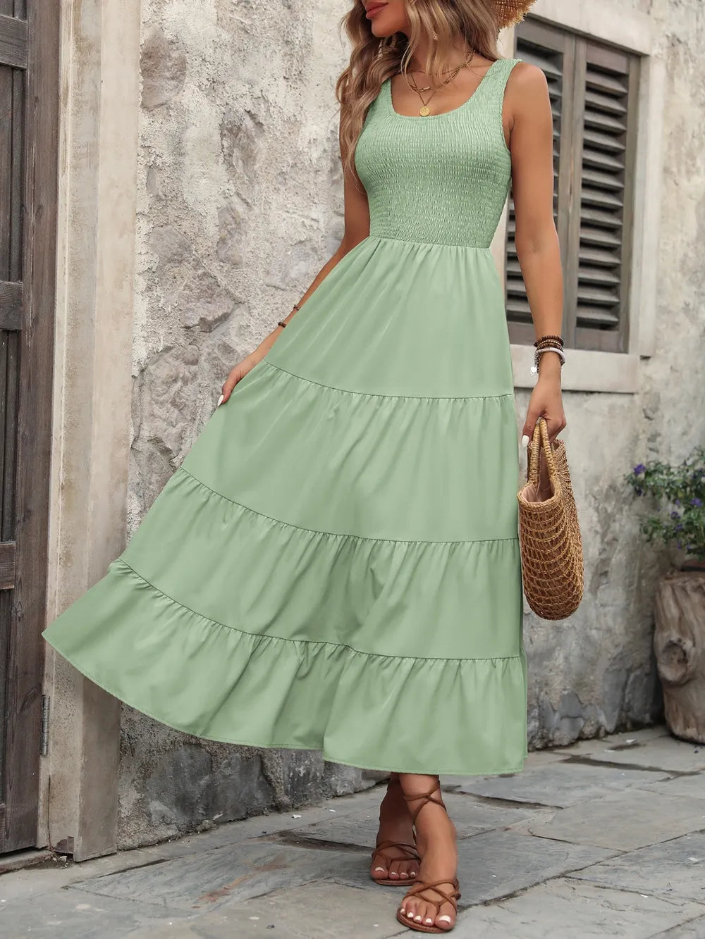 Smocked Scoop Neck Tank Maxi Dress, close up detail