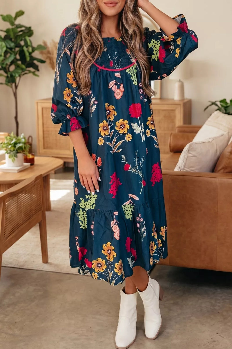 Floral print gathered neckline midi dress in dark navy front view