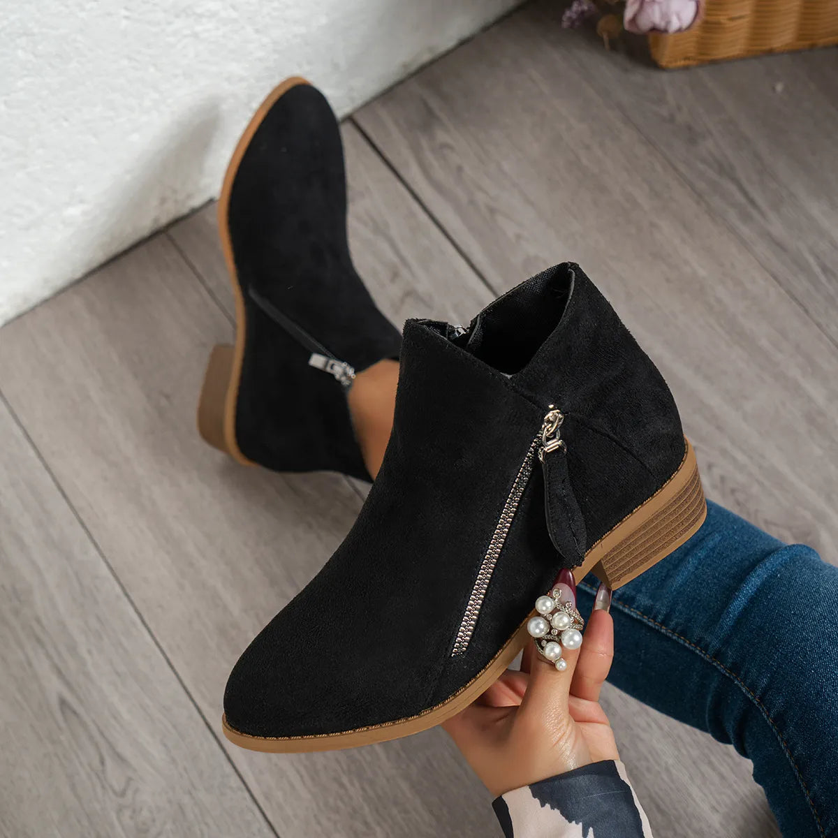 Side zip block heel ankle boots angled view