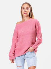 Boat Neck Drop Shoulder Long Sleeve Sweater Hot Pink - Fashorio