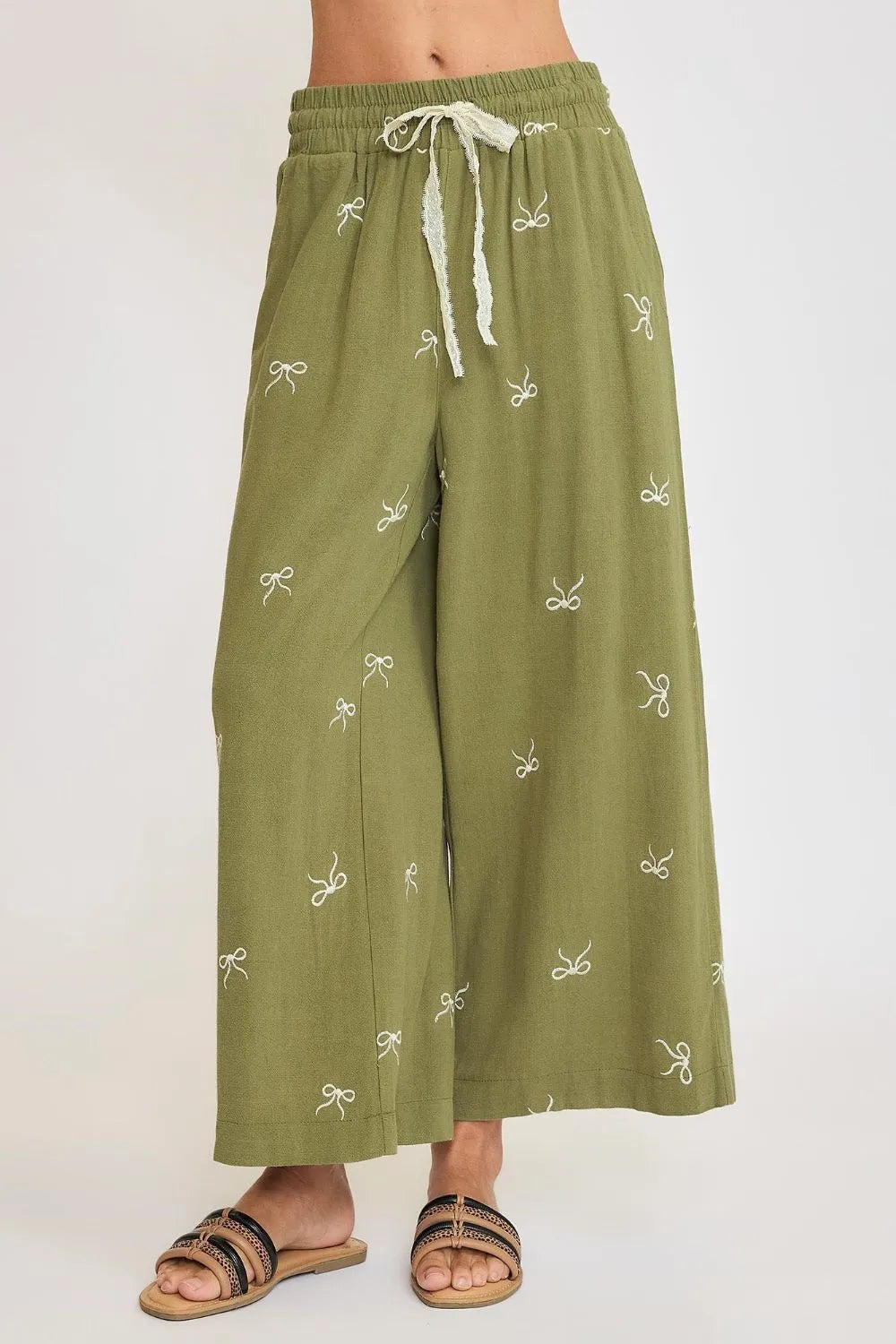 Umgee Full Size Lace Drawstring Embroidered Bow Wide Leg Pants Plus Size Yellow-Green - Fashorio
