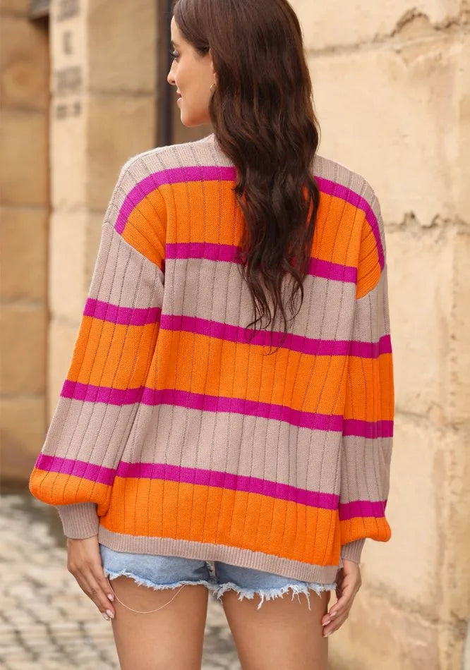 Contrast Striped Drop Shoulder Open Front Cardigan - Fashorio