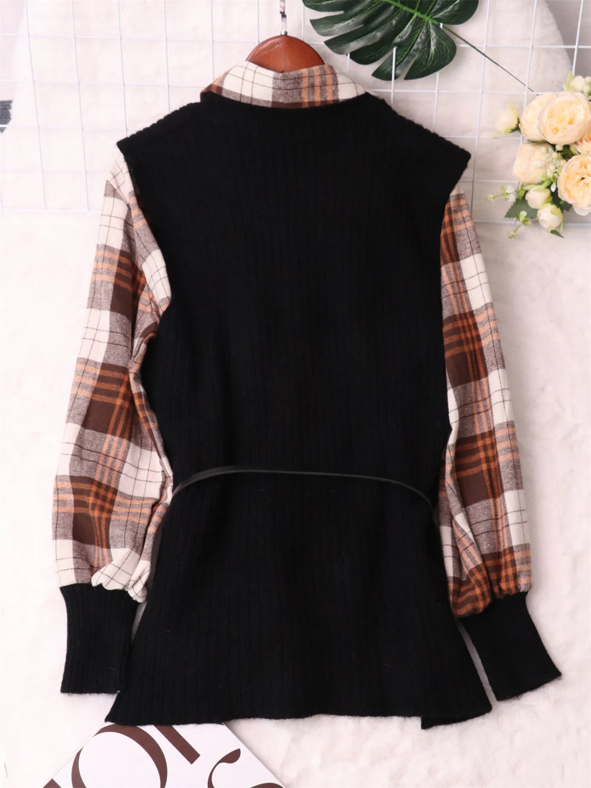 Plaid Belted Long Sleeve Sweater Dress close up