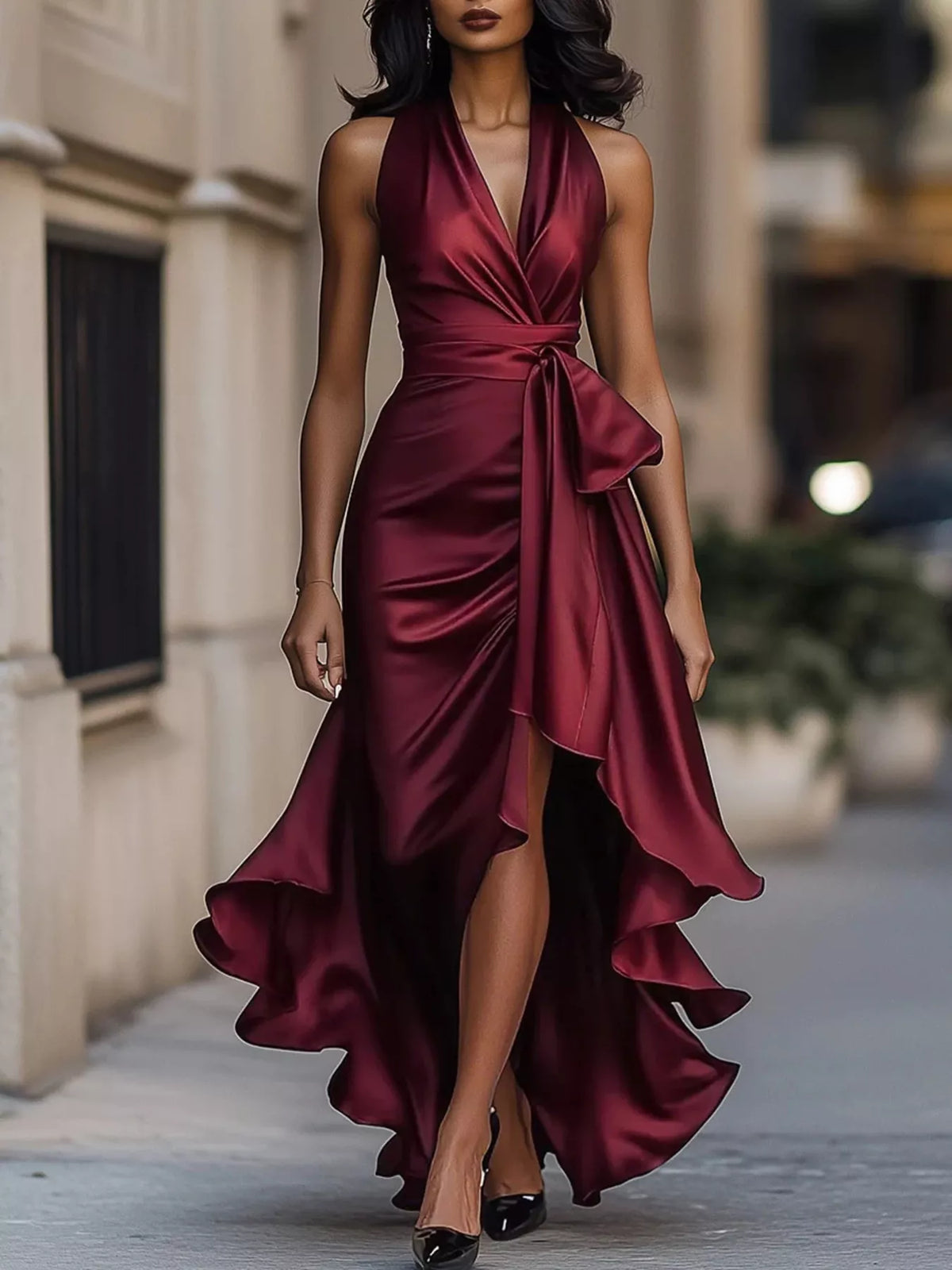 Ruffled maxi dress side slit detail
