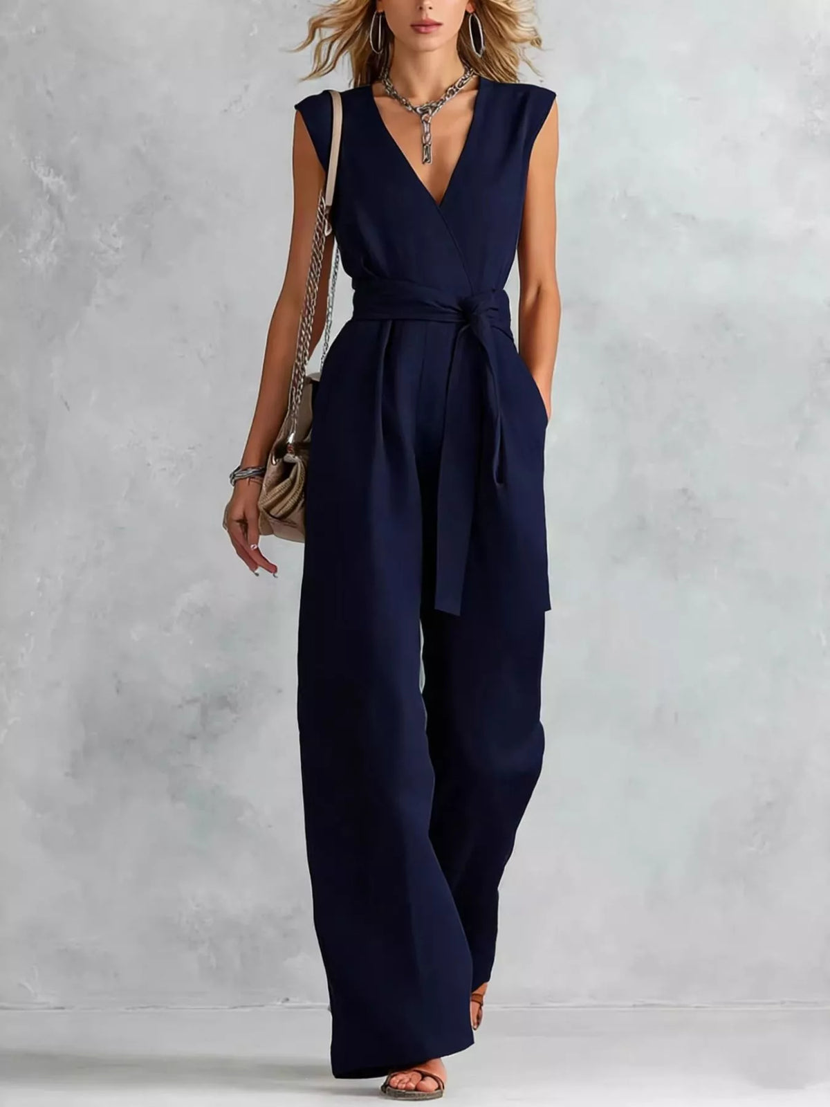 Back view of sleeveless jumpsuit with wide leg