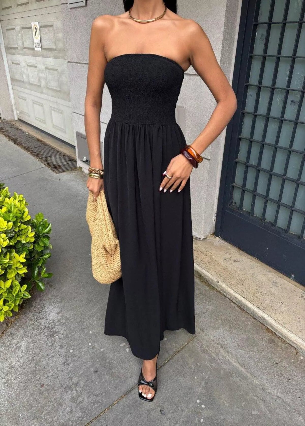 Strapless smocked maxi dress side view