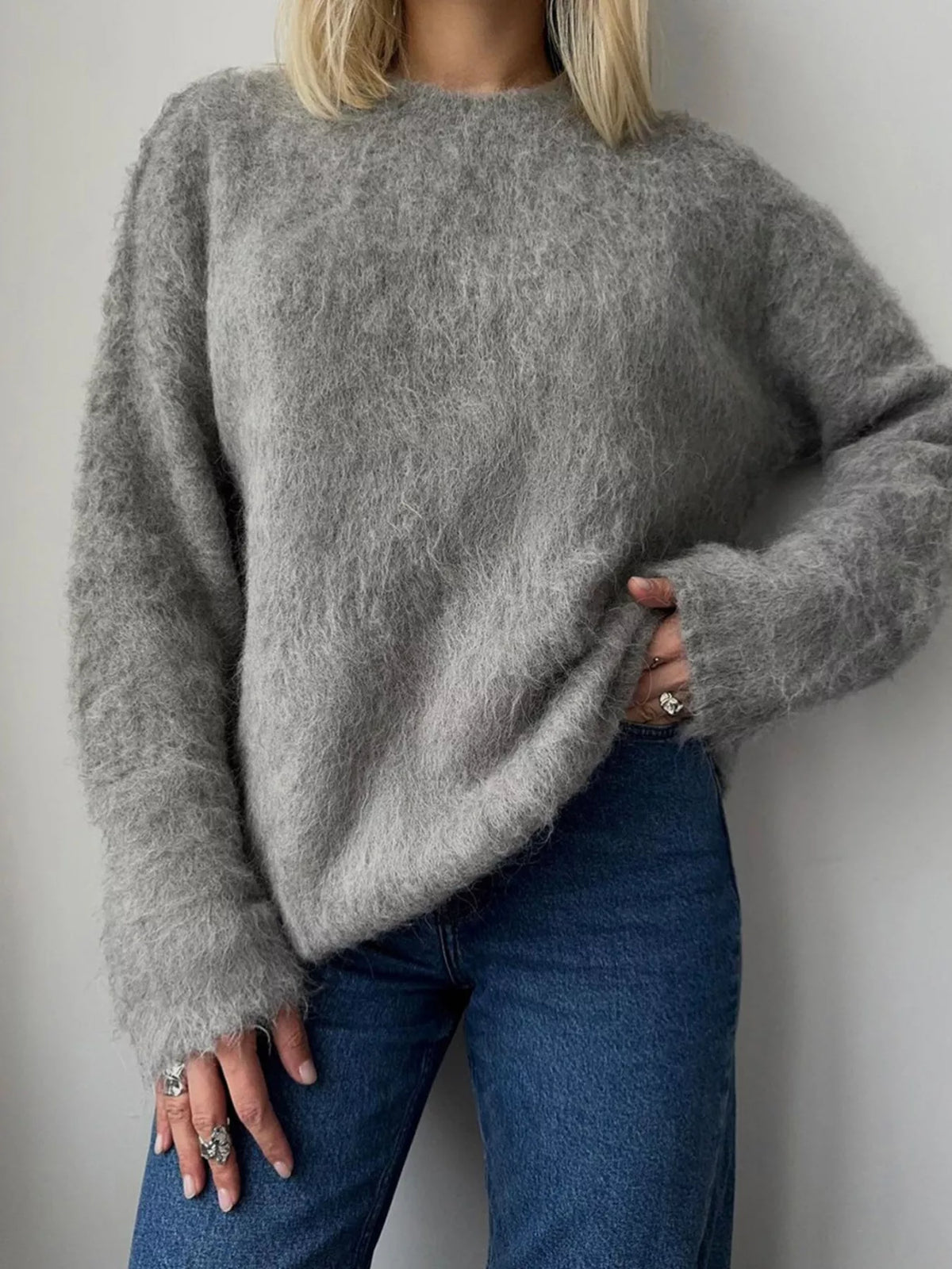 Black fuzzy long sleeve sweater front view