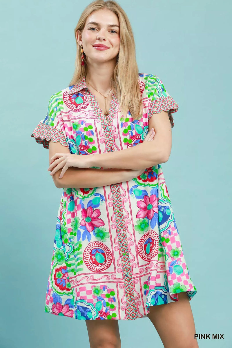 Pink Mediterranean print flutter sleeve dress front view
