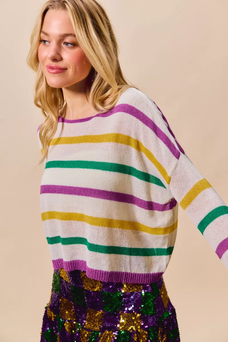 Multi Color Stripe Lightweight Sweater Top in Ivory close up