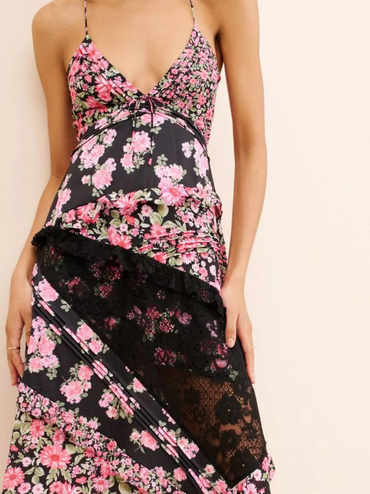 Lace detail ruffled floral v neck maxi dress, three quarter view