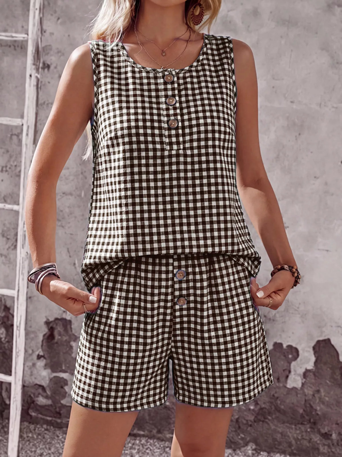 Gingham sleeveless two piece complete outfit