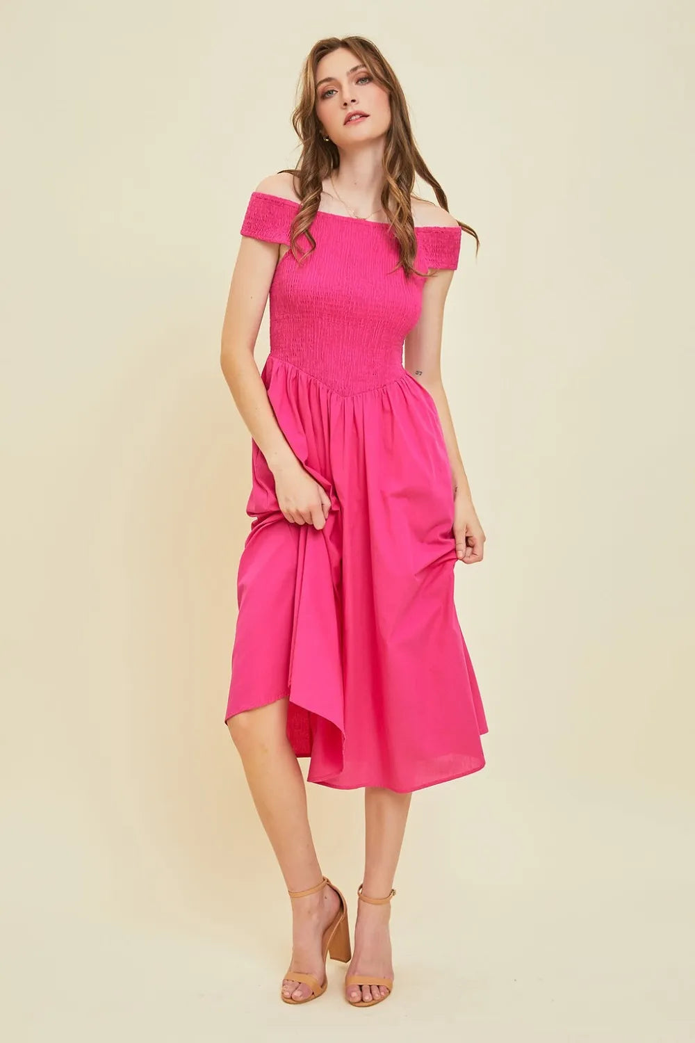 Off Shoulder Smocked Midi Dress detail