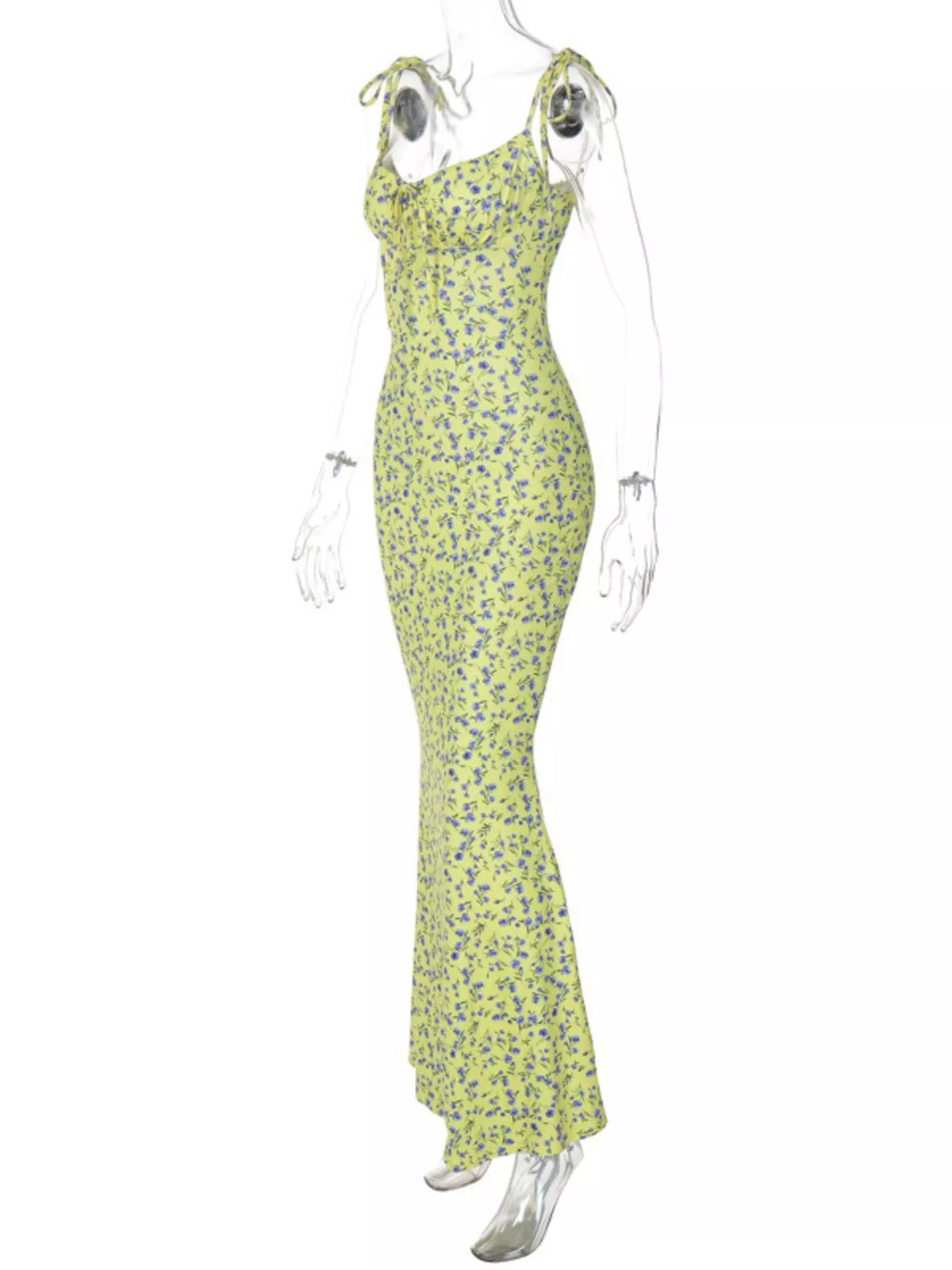 Floral tie strap bodycon maxi dress sleeve detail