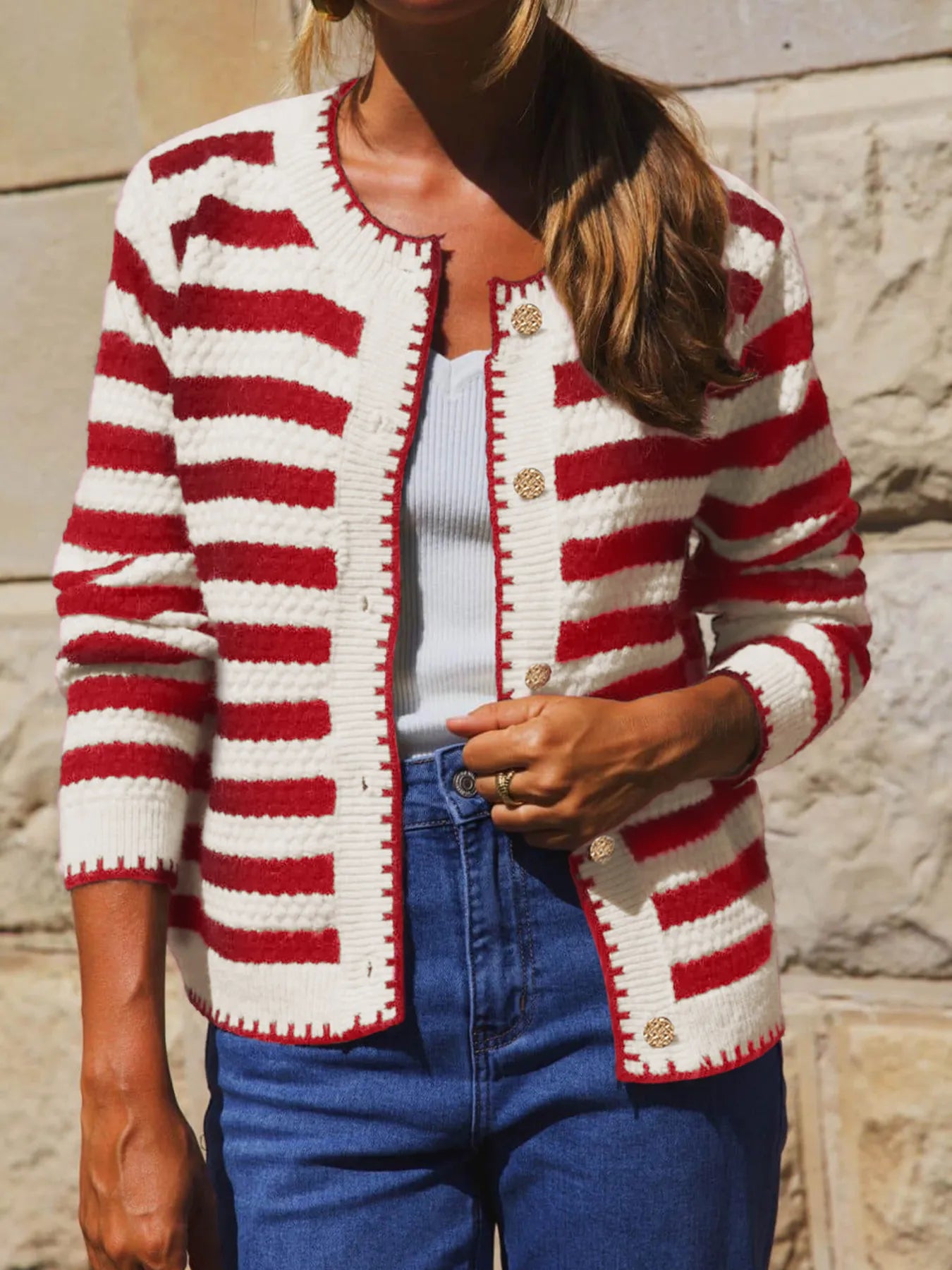 Button Down Striped Long Sleeve Cardigan - Fashorio