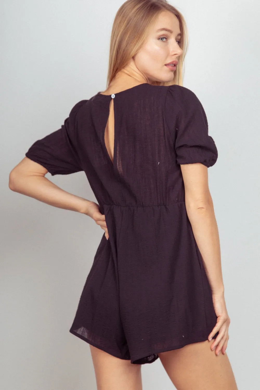 Lace Detail Puff Sleeve Romper with Pockets back view