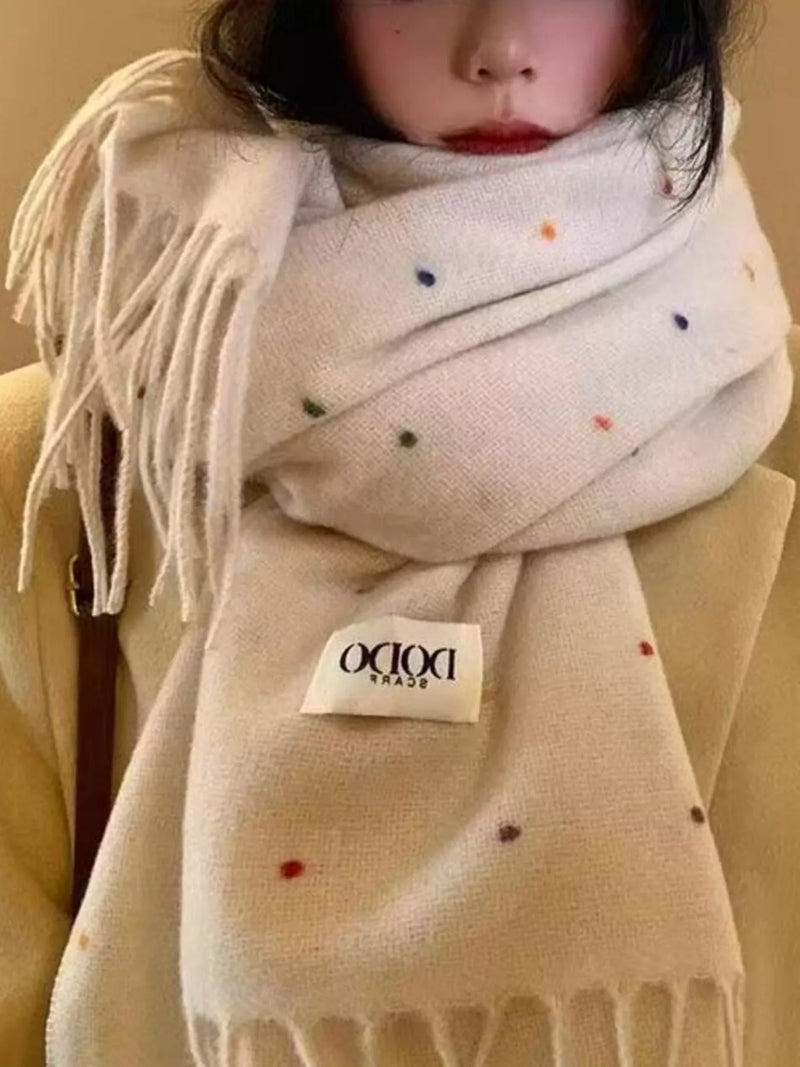 Polka dot fringe scarf front drape
