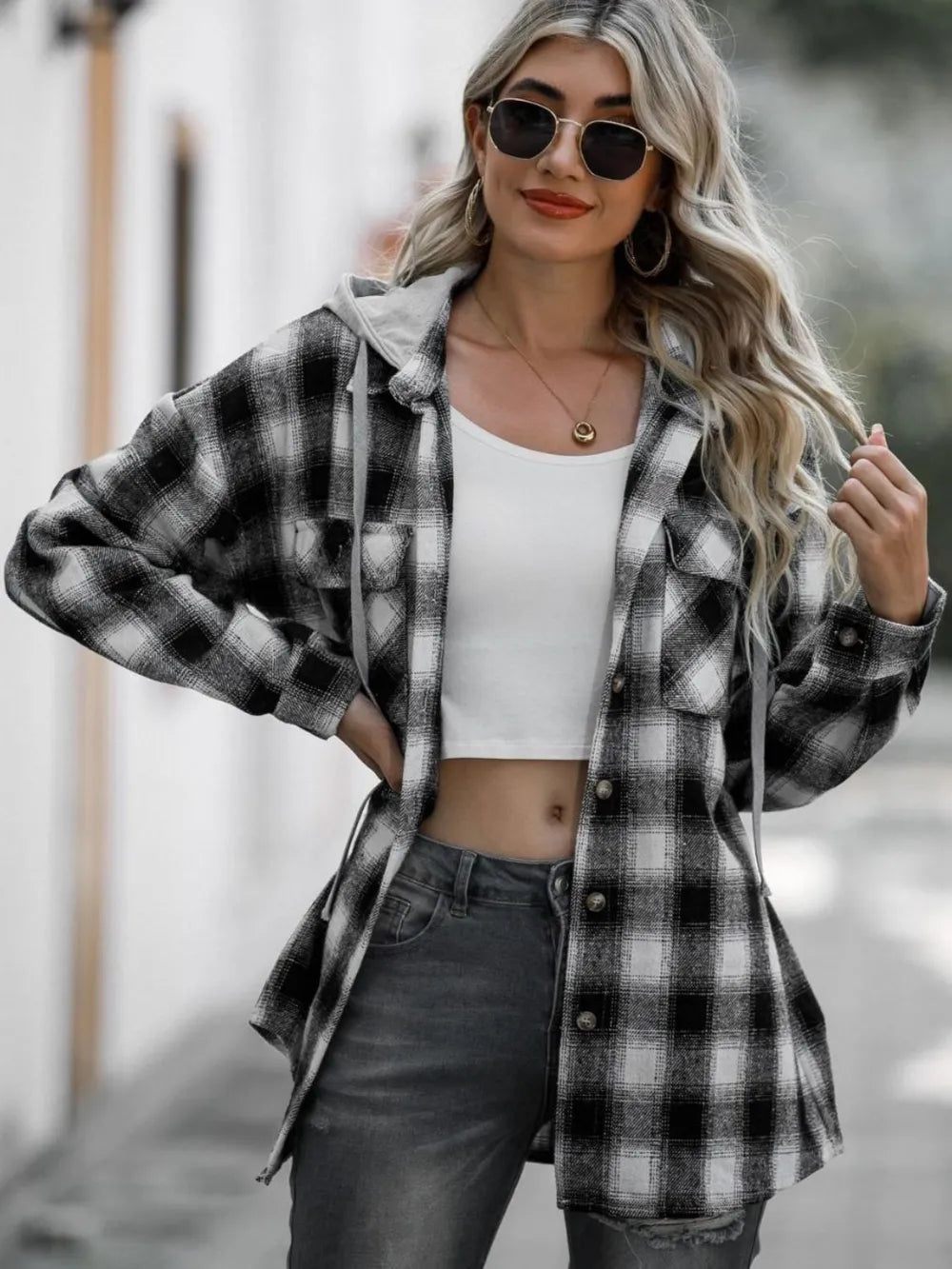 Drawstring Plaid Hooded Shacket, view 8
