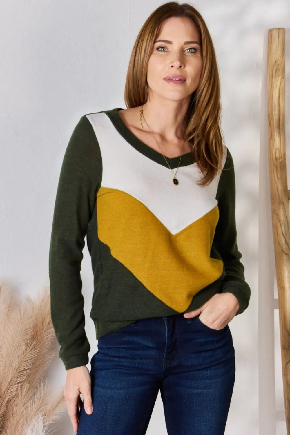 Hailey & Co Full Size Colorblock V-Neck Blouse Olive - Fashorio