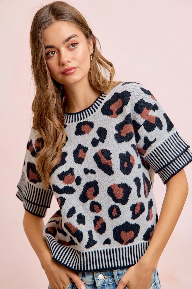 Two tone leopard knit top front view