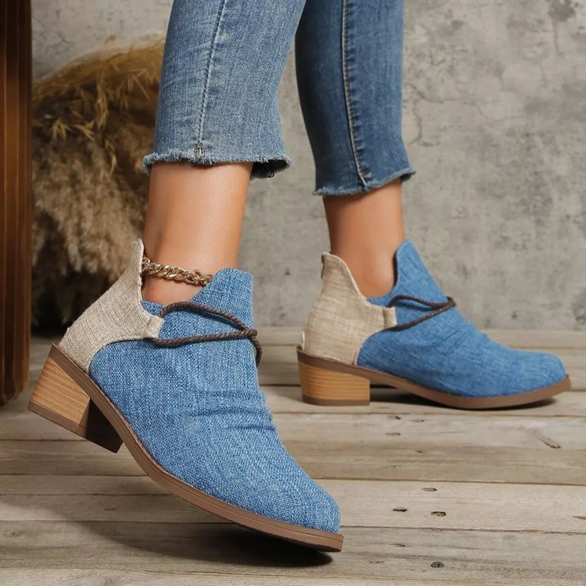 denim block heel ankle boots side profile