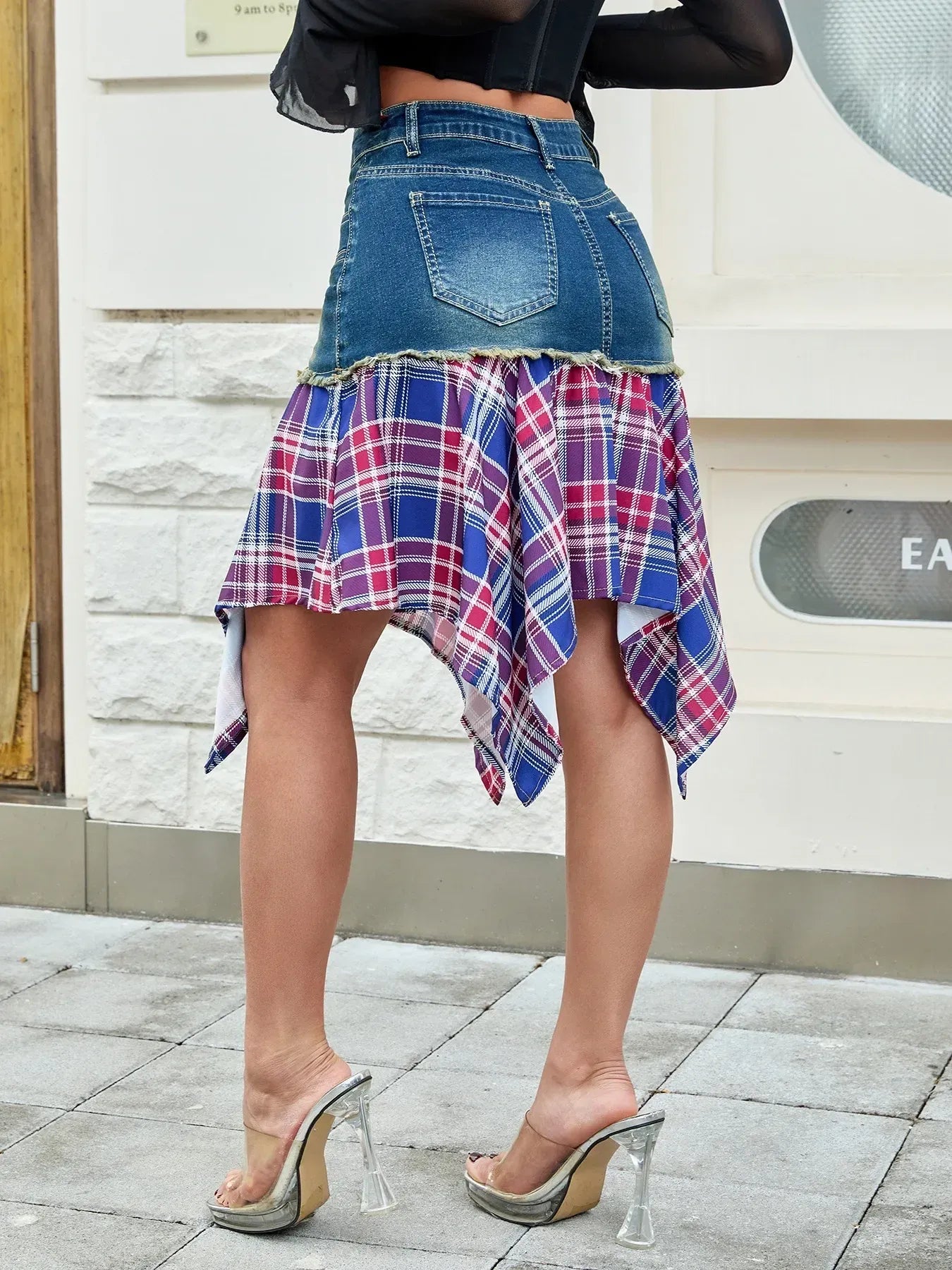 Asymmetric Plaid Hem Denim Skirt - Fashorio