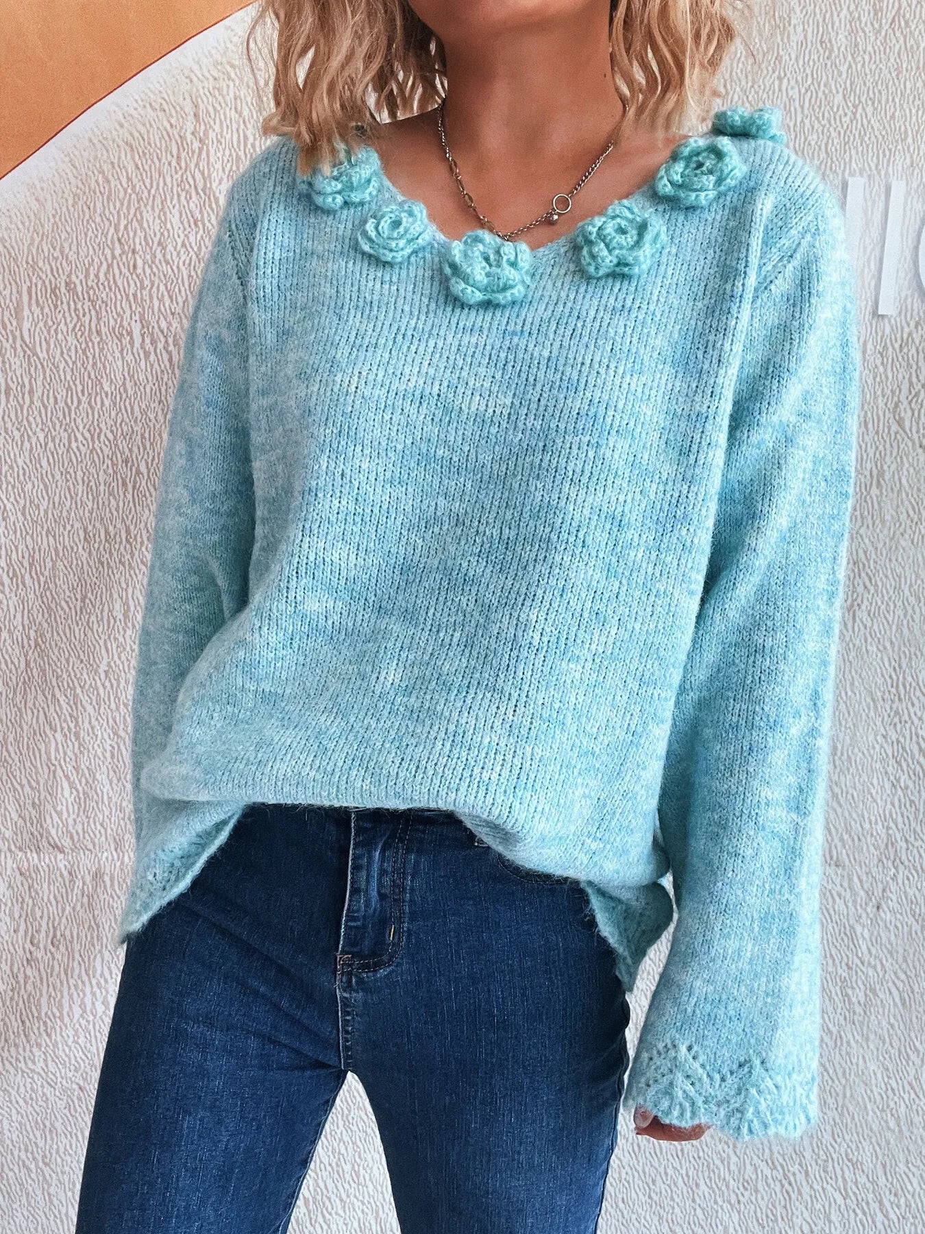Flower V-Neck Long Sleeve Sweater Blue One Size - Fashorio