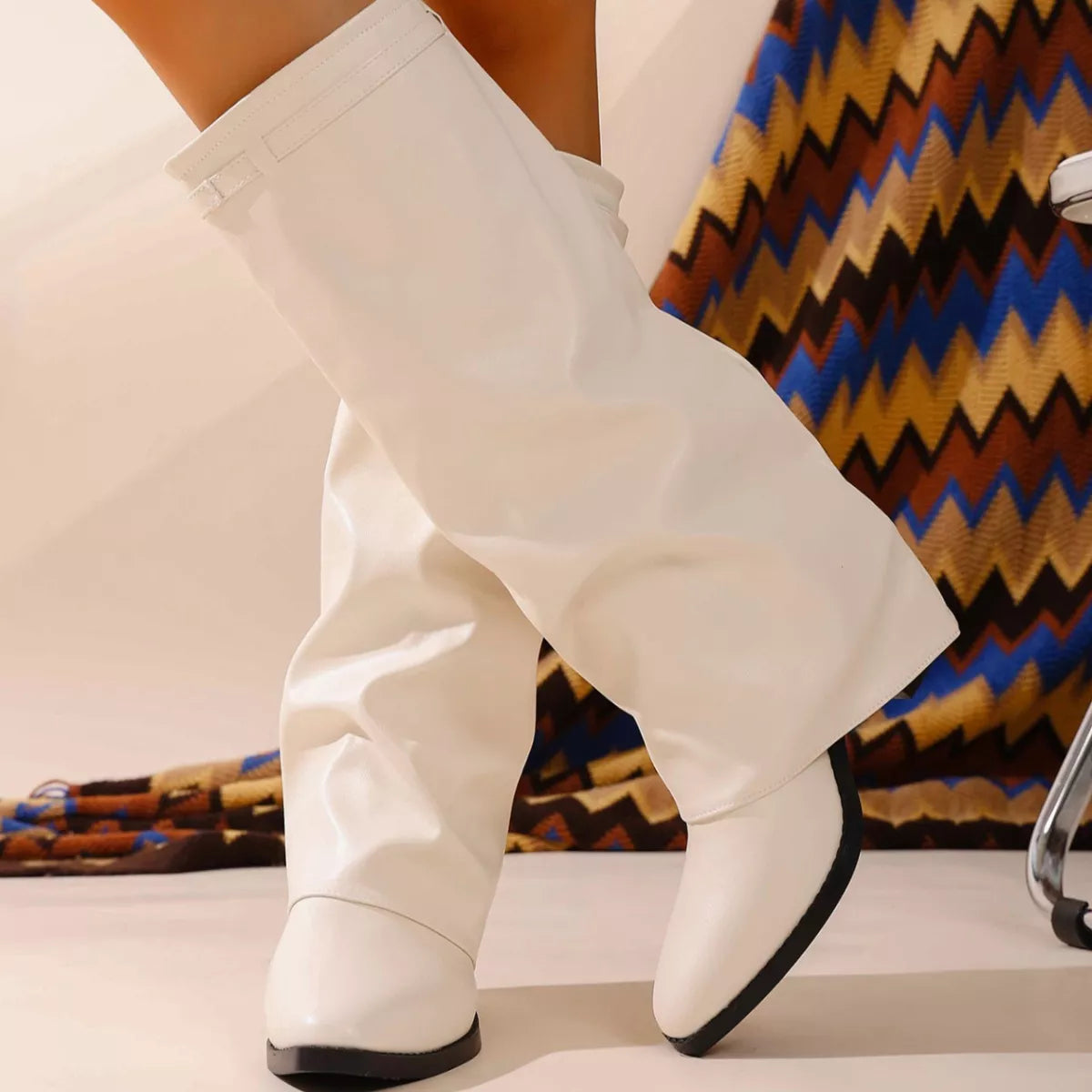 Pointed toe block heel boots full length shot