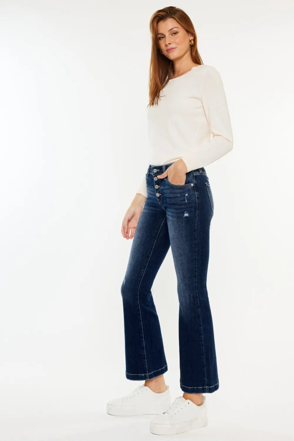Kancan Mid Rise Button Fly Flare Jeans - Fashorio
