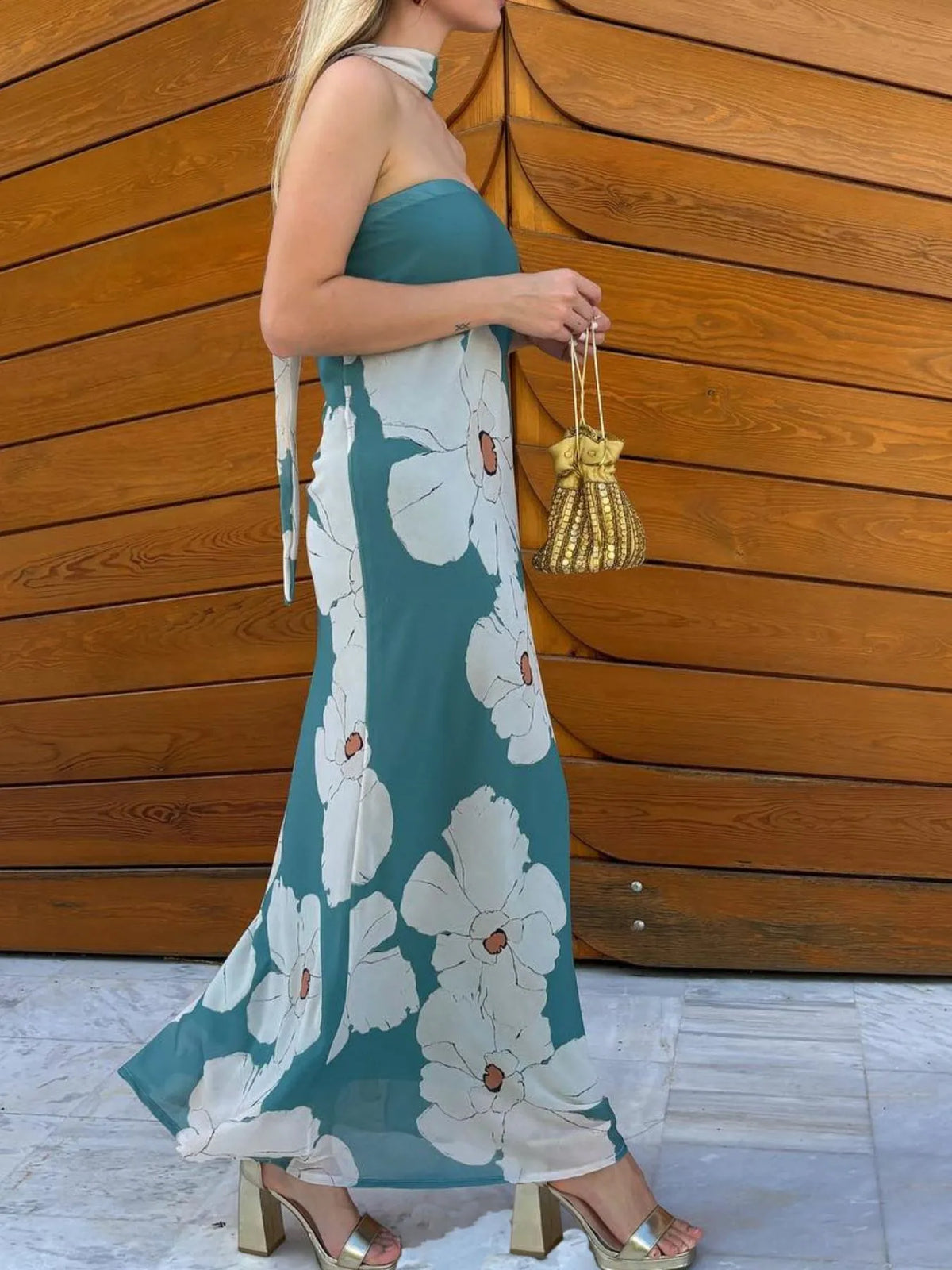 Printed tube maxi dress back view