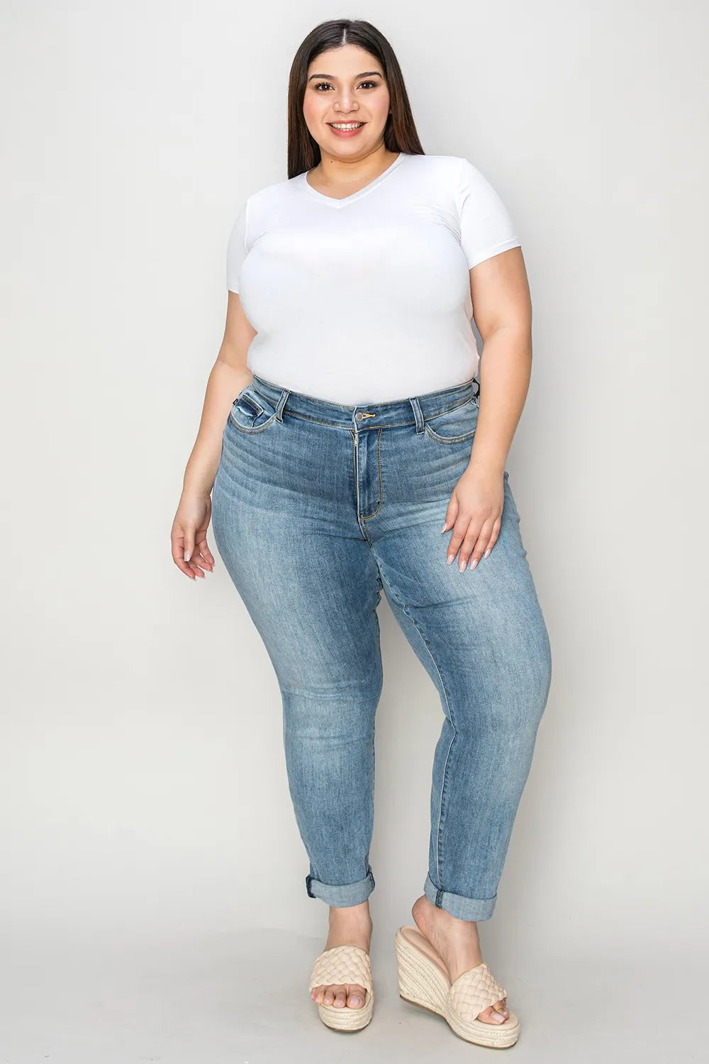 Judy Blue Cuffed Hem Slim Jeans on model
