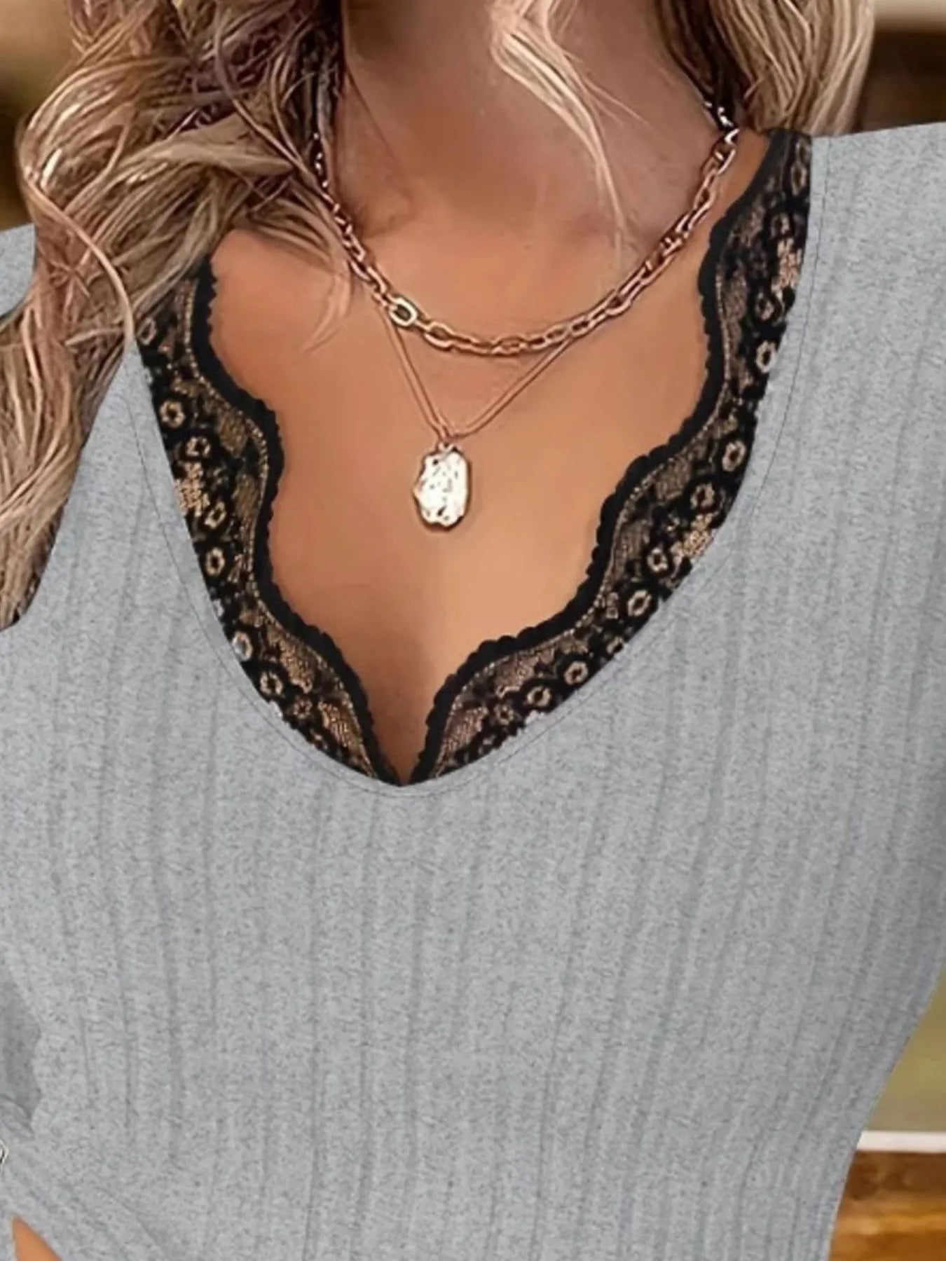 Full Size Ribbed V-Neck Lace Trim Long Sleeve T-Shirt Plus Size - Fashorio