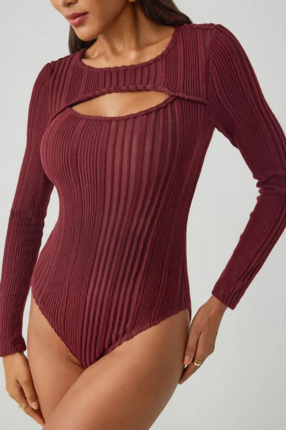 Ribbed Cutout Round Neck Bodysuit - Fashorio