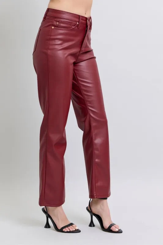 Judy Blue Full Size High Waist Tummy Control Faux Leather Straight Pants Plus Size - Fashorio